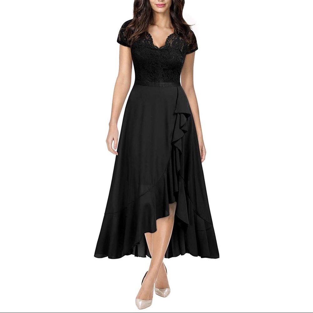 (SOLD) V Neck Lace Ruffle Bridesmaid Maxi Dress